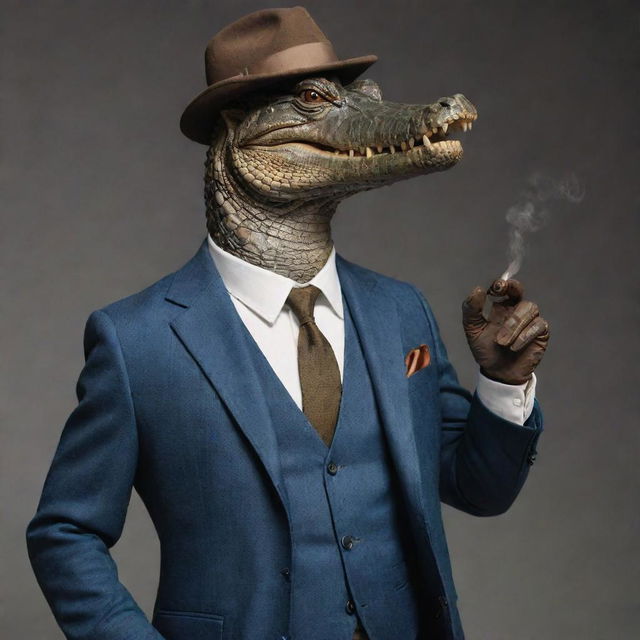 Ultra realistic gangster-style crocodile in a sharp tailored suit, dramatically smoking a pipe, gripping a vintage Thompson submachine gun