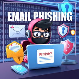 A 3D cartoonic art illustration depicting email phishing with ethical hacking concepts