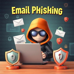 A 3D cartoonic art illustration depicting email phishing with ethical hacking concepts