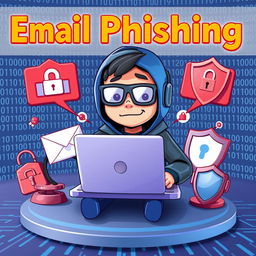 A 3D cartoonic art illustration depicting email phishing with ethical hacking concepts