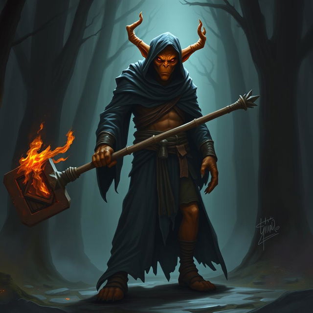 A tall hobgoblin cloaked in dark robes, with orange skin and wielding a flaming mace