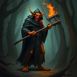 A tall hobgoblin cloaked in dark robes, with orange skin and wielding a flaming mace