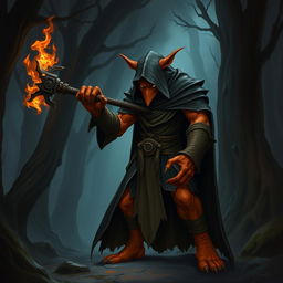 A tall hobgoblin cloaked in dark robes, with orange skin and wielding a flaming mace