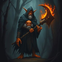 A tall hobgoblin cloaked in dark robes, with orange skin and wielding a flaming mace