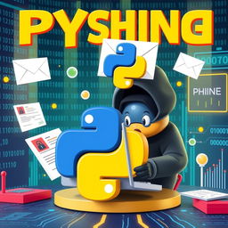 A 3D cartoonic art illustration depicting email phishing with Python logo and machine learning concepts