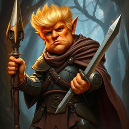 Donald Trump depicted as an orange-skinned hobgoblin who is both a tall wizard and warrior