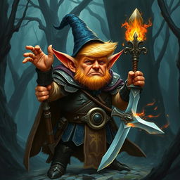 Donald Trump depicted as an orange-skinned hobgoblin who is both a tall wizard and warrior