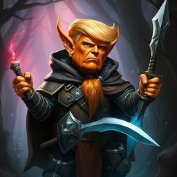 Donald Trump depicted as an orange-skinned hobgoblin who is both a tall wizard and warrior