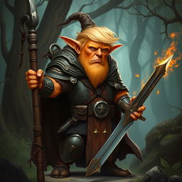 Donald Trump depicted as an orange-skinned hobgoblin who is both a tall wizard and warrior