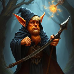 Donald Trump depicted as an orange-skinned hobgoblin who is a tall wizard and warrior