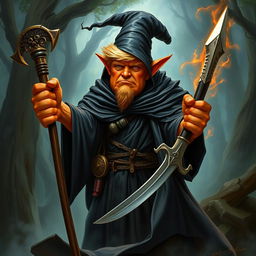 Donald Trump depicted as an orange-skinned hobgoblin who is a tall wizard and warrior