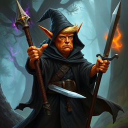 Donald Trump depicted as an orange-skinned hobgoblin who is a tall wizard and warrior