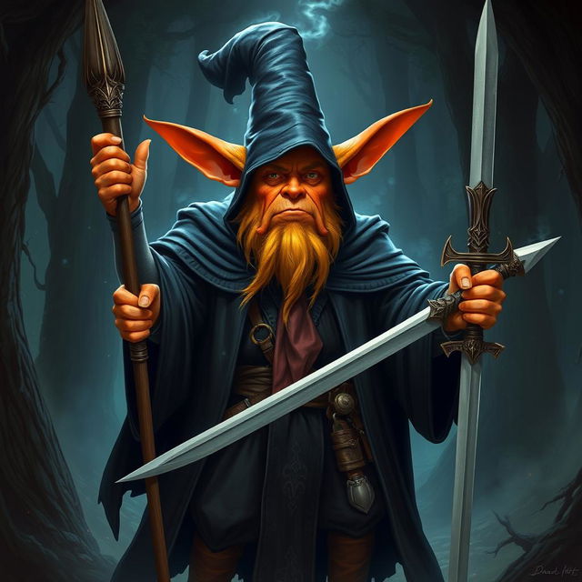 Donald Trump depicted as an orange-skinned hobgoblin who is a tall wizard and warrior