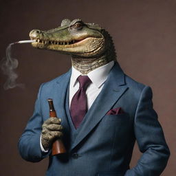 Ultra realistic gangster-style crocodile in a sharp tailored suit, dramatically smoking a pipe, gripping a vintage Thompson submachine gun