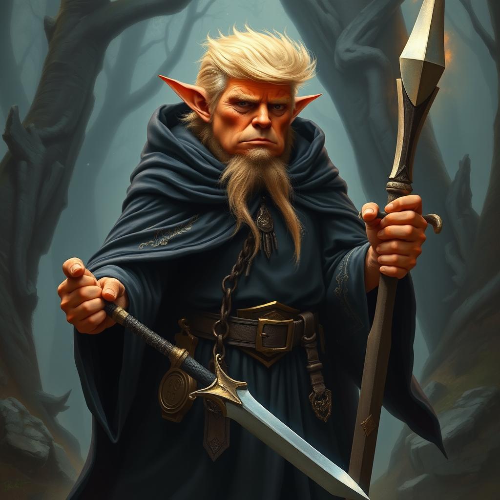 A realistic depiction of Donald Trump as an orange-skinned hobgoblin who is a tall wizard and warrior