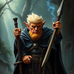 A realistic depiction of Donald Trump as an orange-skinned hobgoblin who is a tall wizard and warrior