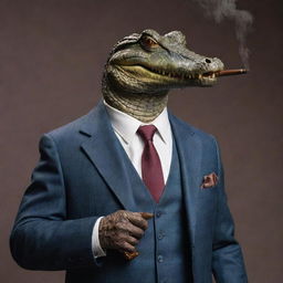 Ultra realistic gangster-style crocodile in a sharp tailored suit, dramatically smoking a pipe, gripping a vintage Thompson submachine gun