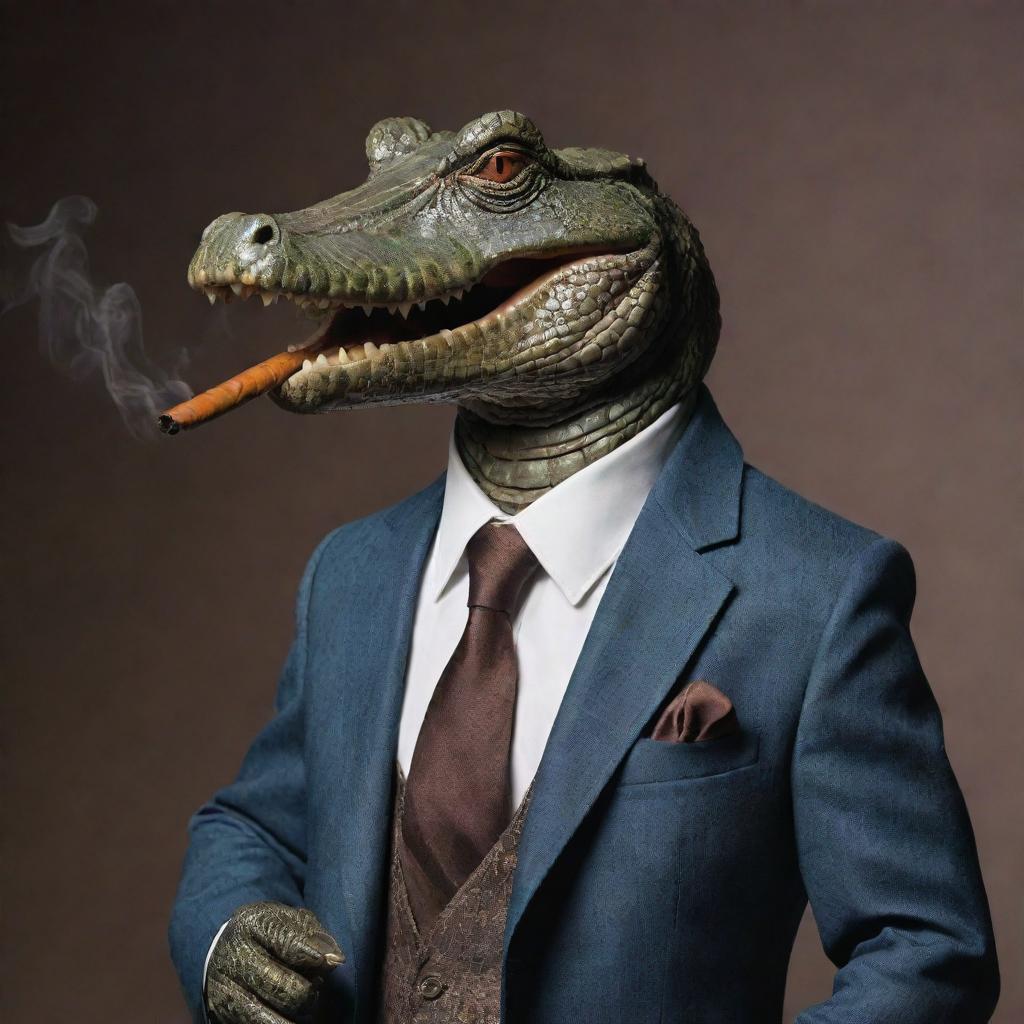 Ultra realistic gangster-style crocodile in a sharp tailored suit, dramatically smoking a pipe, gripping a vintage Thompson submachine gun