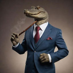 Ultra realistic gangster-style crocodile in a sharp tailored suit, dramatically smoking a pipe, gripping a vintage Thompson submachine gun