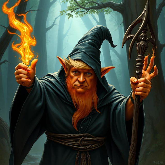 A depiction of Donald Trump as an orange-skinned hobgoblin wizard wearing a black cloak