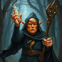 A depiction of Donald Trump as an orange-skinned hobgoblin wizard wearing a black cloak