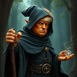 A depiction of Donald Trump as an orange-skinned hobgoblin wizard wearing a black cloak