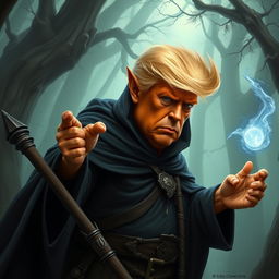 A depiction of Donald Trump as an orange-skinned hobgoblin wizard wearing a black cloak