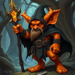 An orange-skinned hobgoblin wizard wearing a black cloak, standing in a warrior's stance