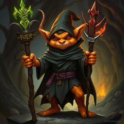 An orange-skinned hobgoblin wizard wearing a black cloak, standing in a warrior's stance