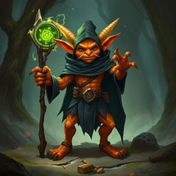 An orange-skinned hobgoblin wizard wearing a black cloak, standing in a warrior's stance