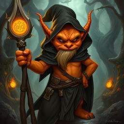 An orange-skinned hobgoblin wizard wearing a black cloak, standing in a warrior's stance