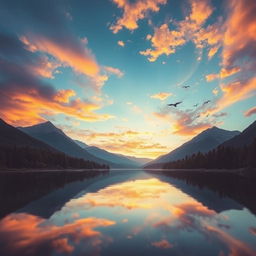 Generate a beautiful and serene landscape featuring a sunset over a calm lake surrounded by mountains and trees