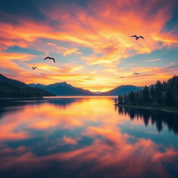 Generate a beautiful and serene landscape featuring a sunset over a calm lake surrounded by mountains and trees