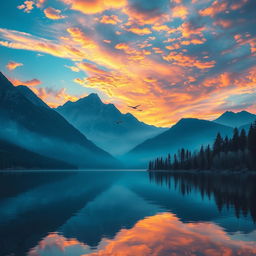 Generate a beautiful and serene landscape featuring a sunset over a calm lake surrounded by mountains and trees