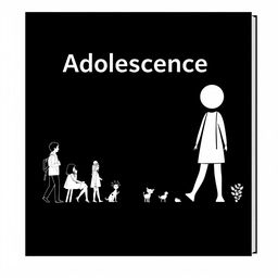 Create a black and white cover page illustrating the effects of adolescence on life roles, the social sphere, a teenager's body, and their ability to make career choices