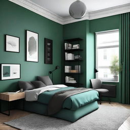 Diseña un dormitorio para hombre moderno y amplio con colores como verde, marrón, negro o azul