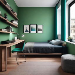 Diseña un dormitorio para hombre moderno y amplio con colores como verde, marrón, negro o azul