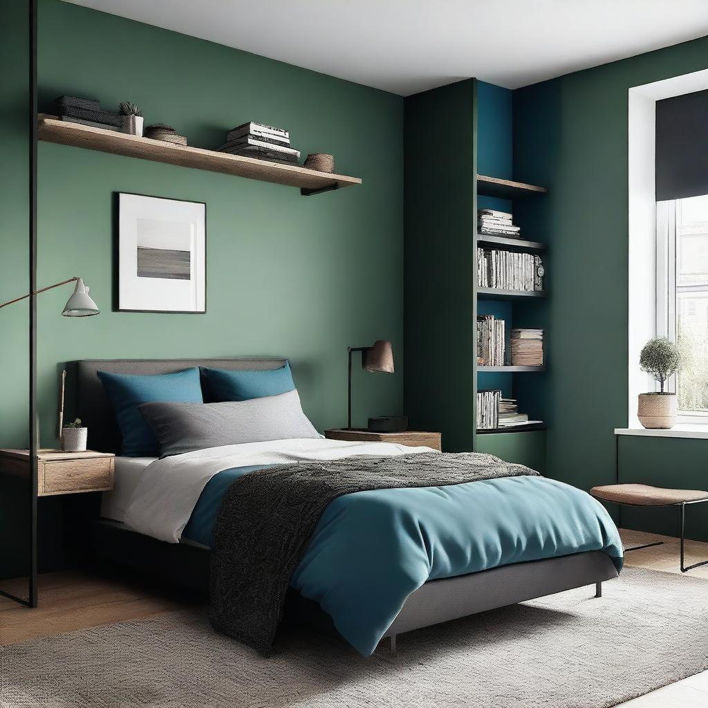 Diseña un dormitorio para hombre moderno y amplio con colores como verde, marrón, negro o azul