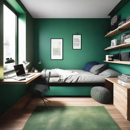 Diseña un dormitorio para hombre moderno y amplio con colores como verde, marrón, negro o azul