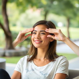 A serene image of a person performing eye exercises in a peaceful setting, such as a park or a calm room