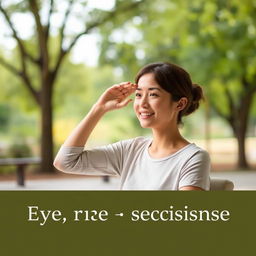 A serene image of a person performing eye exercises in a peaceful setting, such as a park or a calm room