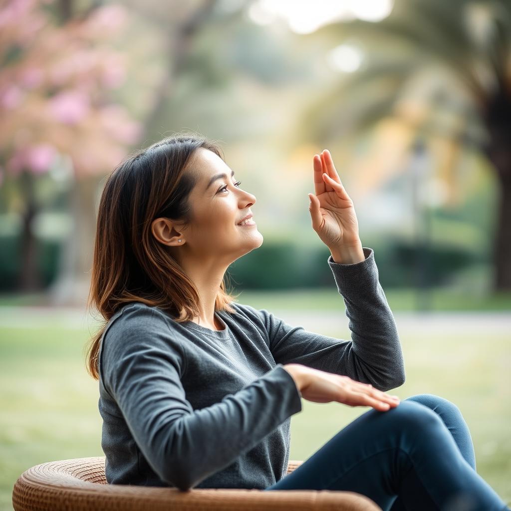 A serene image of a person performing eye exercises in a peaceful setting, such as a park or a calm room