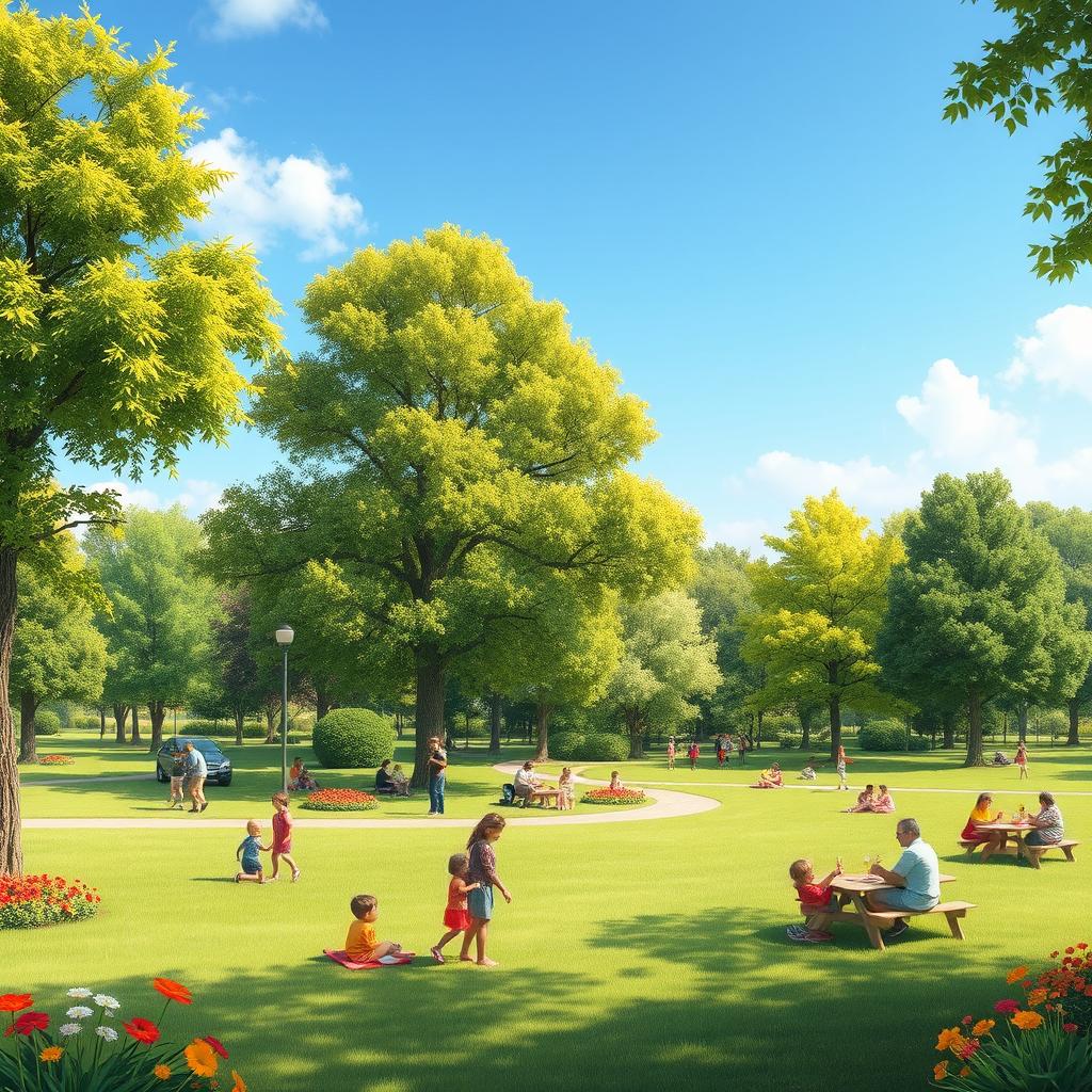 A vibrant and colorful scene featuring a peaceful park with children playing, families having picnics, and people enjoying a sunny day