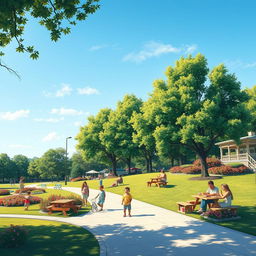 A vibrant and colorful scene featuring a peaceful park with children playing, families having picnics, and people enjoying a sunny day