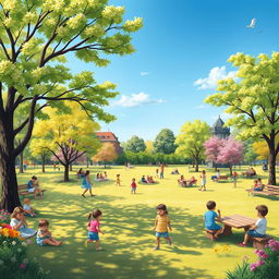 A vibrant and colorful scene featuring a peaceful park with children playing, families having picnics, and people enjoying a sunny day