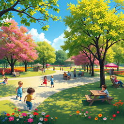 A vibrant and colorful scene featuring a peaceful park with children playing, families having picnics, and people enjoying a sunny day