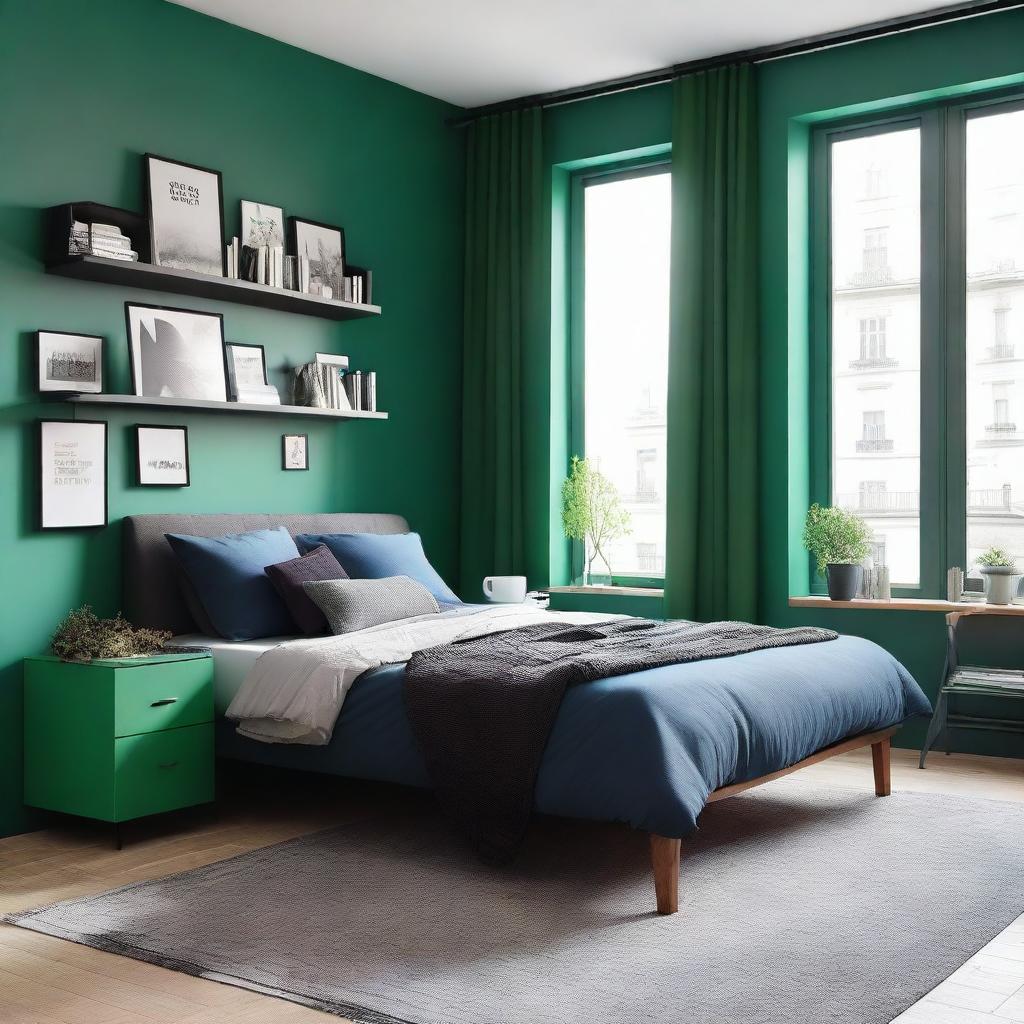 Diseña un dormitorio para hombre moderno y amplio con colores como verde, marrón, negro o azul