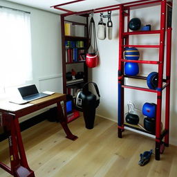 A student boxer's room, merging a study area with a compact boxing training space. Include a sturdy desk, bookshelf, laptop, and a small boxing ring with boxing gear.