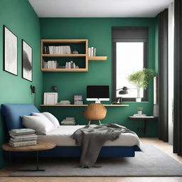 Diseña un dormitorio para hombre moderno y amplio con colores como verde, marrón, negro o azul