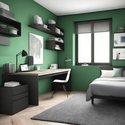 Diseña un dormitorio para hombre moderno y amplio con colores como verde, marrón, negro o azul